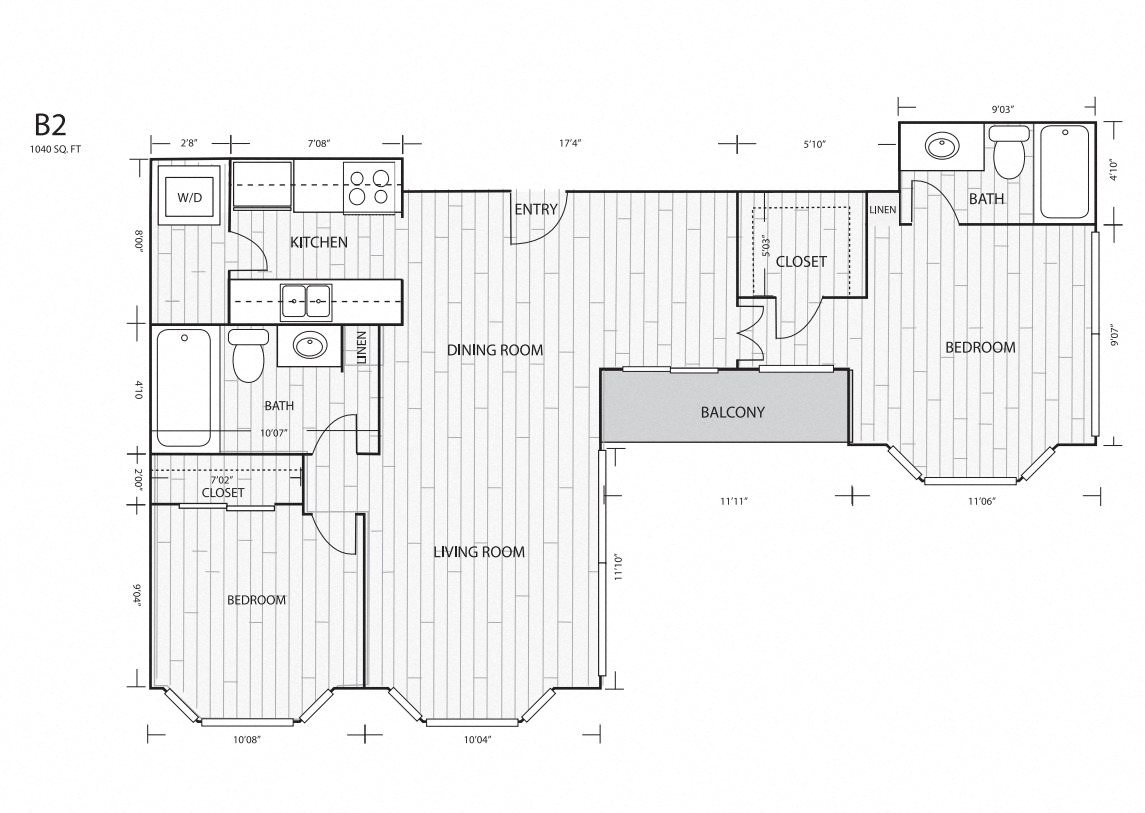 Floor plan for 2 beds, 2 baths, 1040 sqft